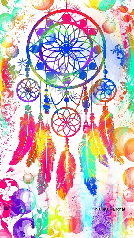 Colorful dreamcatcher with rainbow feathers and abstract patterns on a vibrant background. Text: Namita Panchal. Energetic and whimsical.