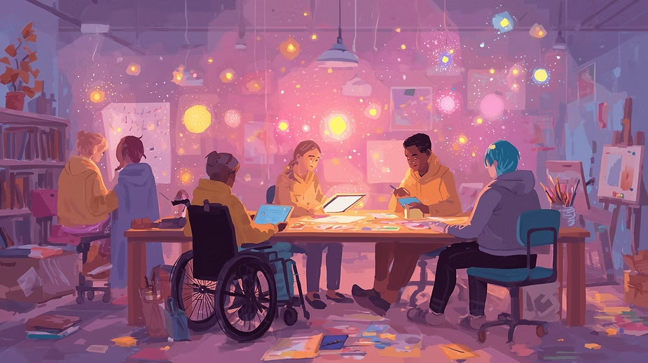 Artists in colorful hoodies work around a table in a cozy, vibrant studio, sketching and painting under warm, glowing lights.