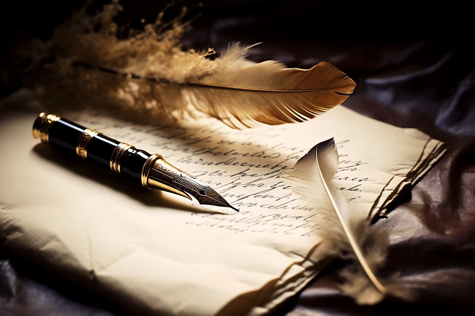 A fountain pen and two gold feathers on aged handwritten paper, creating a vintage, nostalgic mood with warm tones and soft lighting.
