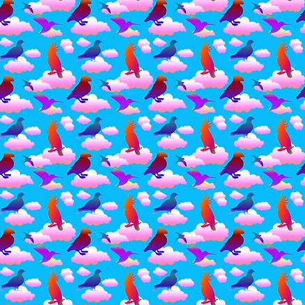Colorful birds perched on pink clouds in a bright blue sky pattern, creating a whimsical and vibrant scene.