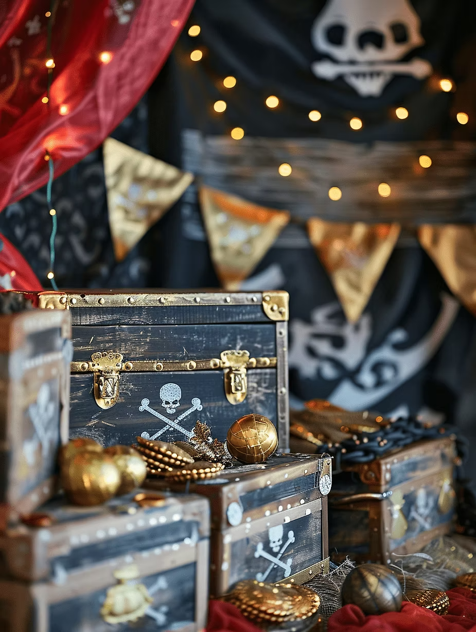 Pirate-themed setup with treasure chests, gold coins, and balls. Black skull flag, red drapes, and string lights enhance the adventurous mood.