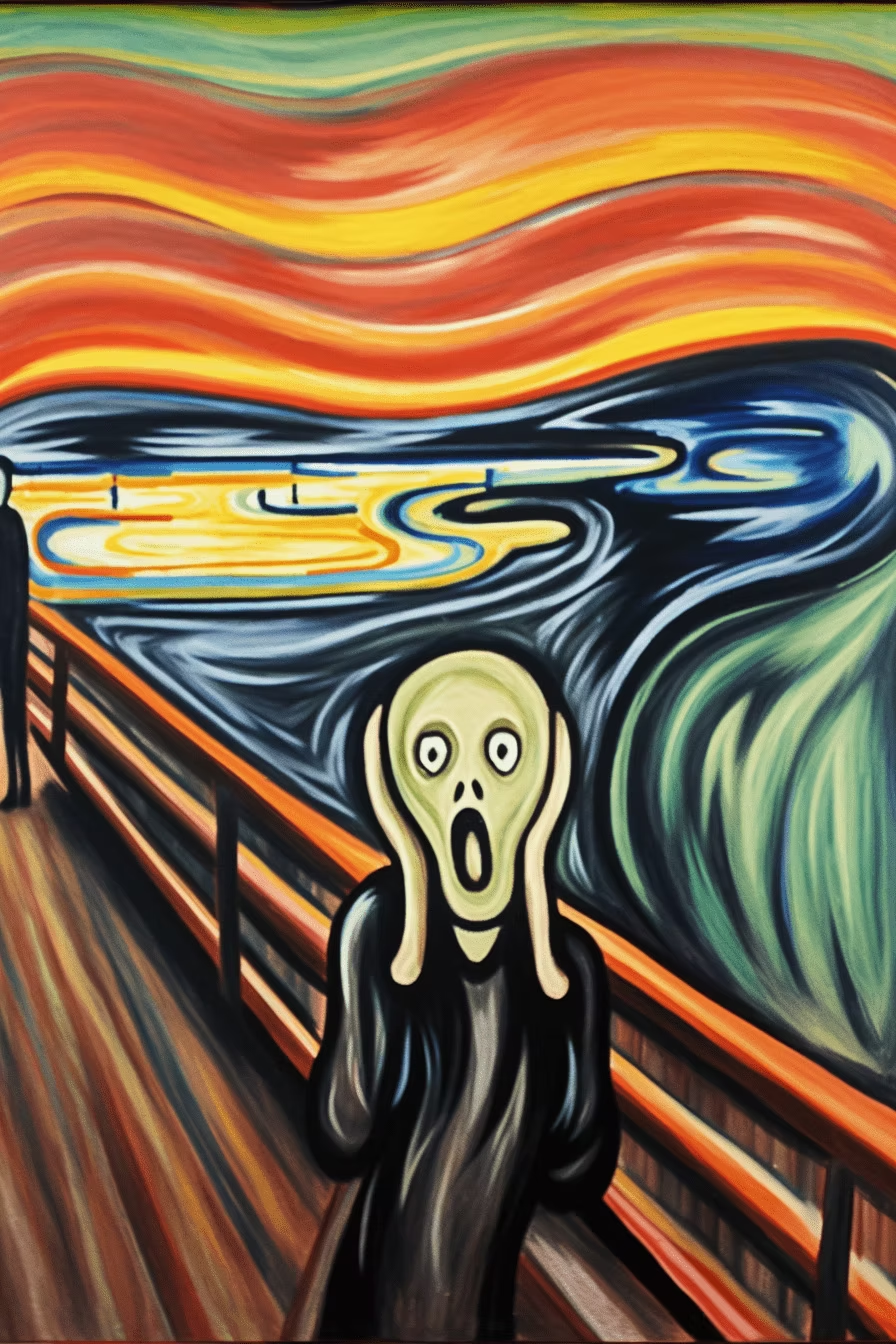 A figure with hands on face screams on a bridge. Swirling sky in orange, red, blue hues creates a dramatic, emotional scene.