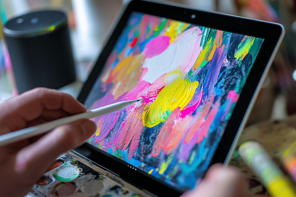 A close-up view of a person using a stylus to create colorful digital artwork on a tablet. The screen displays bright, abstract brushstrokes in various colors, including pink, yellow, blue, and white. In the background, a black cylindrical speaker is slightly out of focus. The atmosphere suggests a creative and modern digital art workspace.
