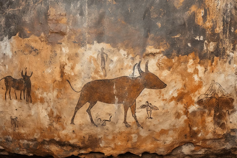 Ancient rock art depicting cattle and human figures on a weathered, brown and beige stone surface. Minimalist, earthy setting.