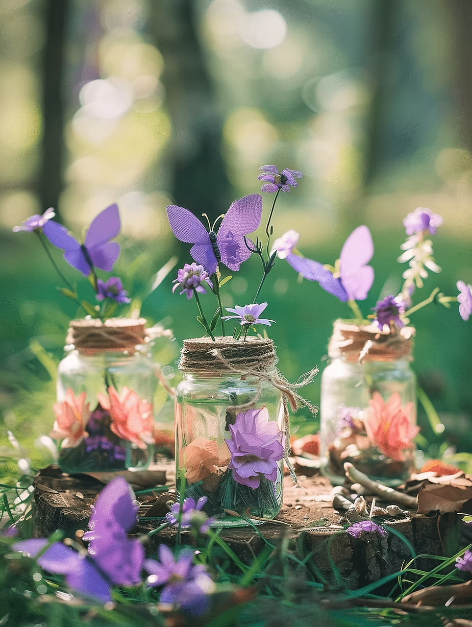 Jars with purple and pink flowers and butterfly decor on a tree stump in a sunlit garden, surrounded by greenery. Peaceful and vibrant.