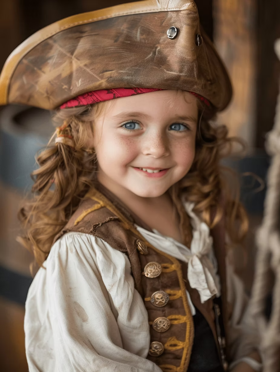 Young child dressed as a pirate, smiling with a tricorn hat and bandana. Brown vest with buttons, standing indoors with a cheerful vibe.
