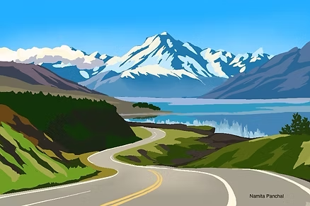 Winding road with green hills leads to a snow-capped mountain by a blue lake. Clear sky and clouds above. Namita Panchal noted.