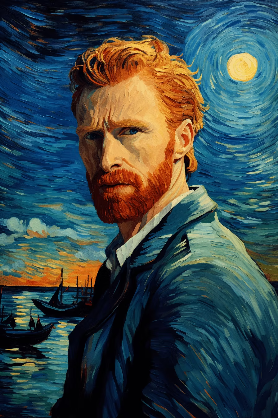 Red-haired man with a contemplative expression against a swirling night sky. Boats on water, vivid blues, and orange sunset hues dominate.