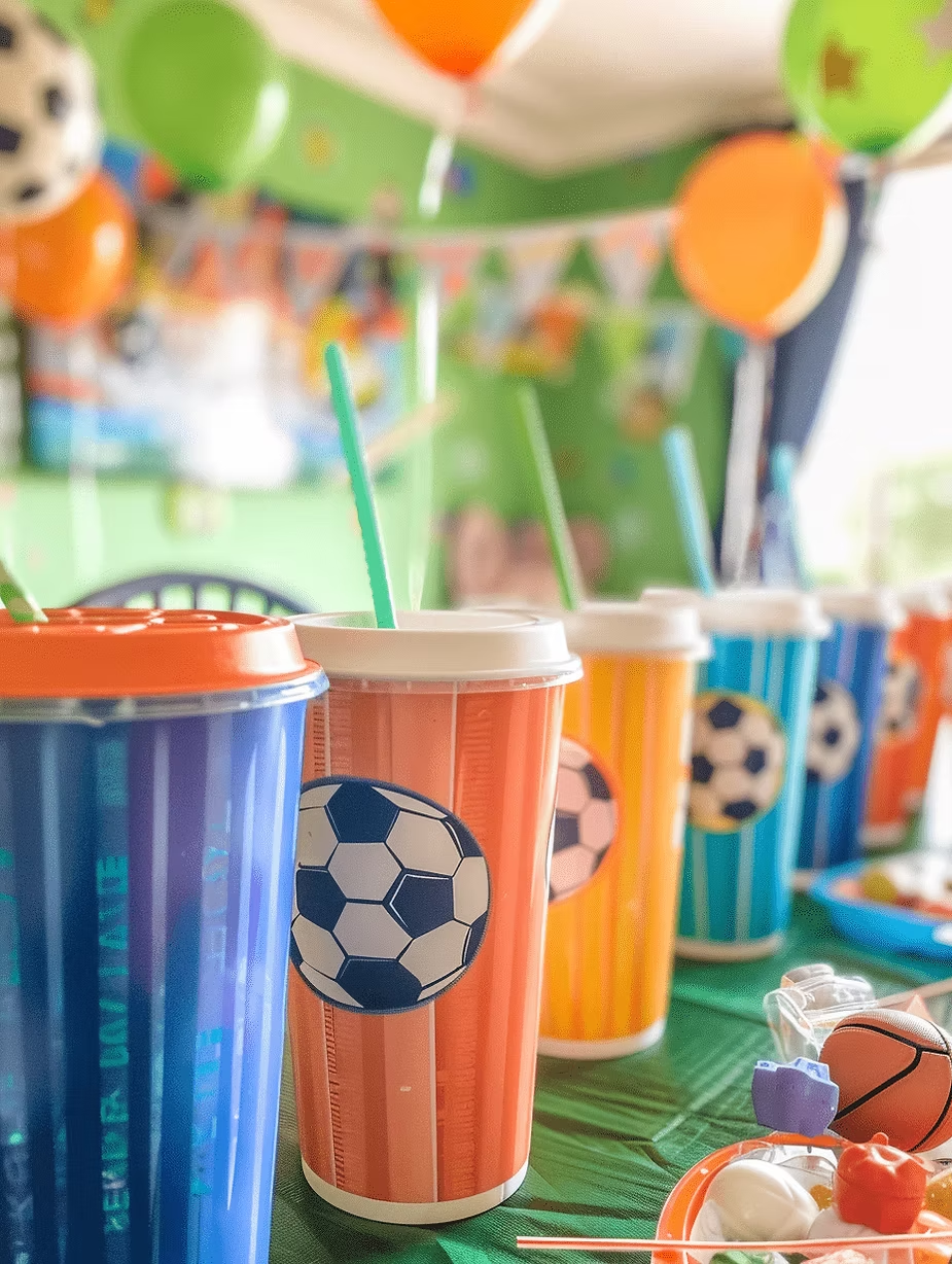 Colorful soccer-themed cups with straws on a table, surrounded by balloons and party decor in a festive room. Bright and cheerful.