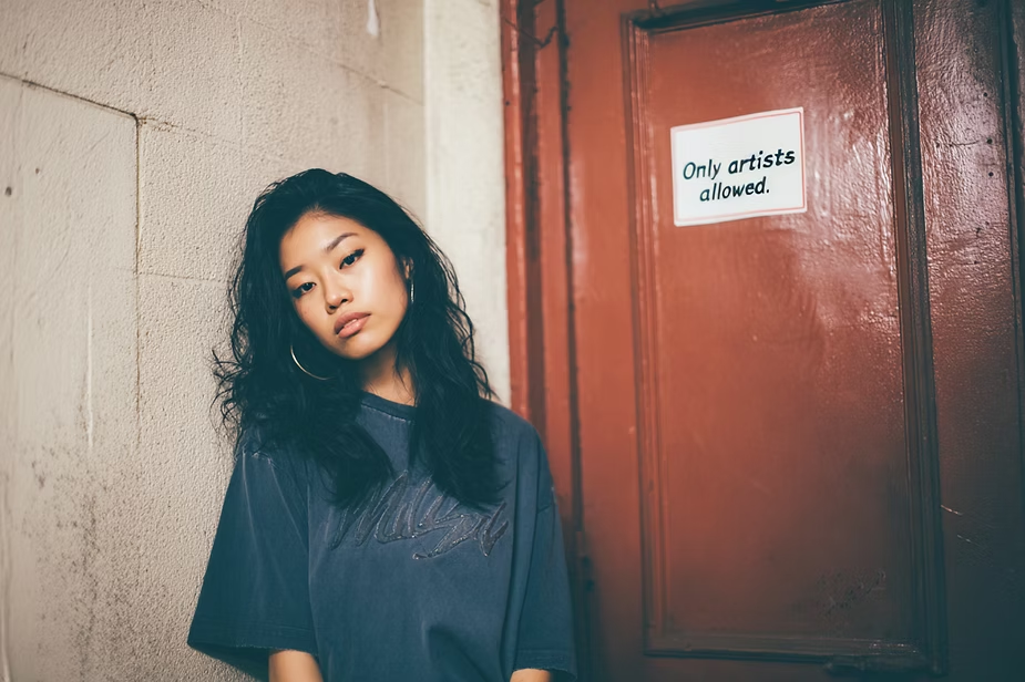 Woman in blue shirt leaning against a beige wall beside a red door with a sign saying "Only artists allowed." Calm expression.