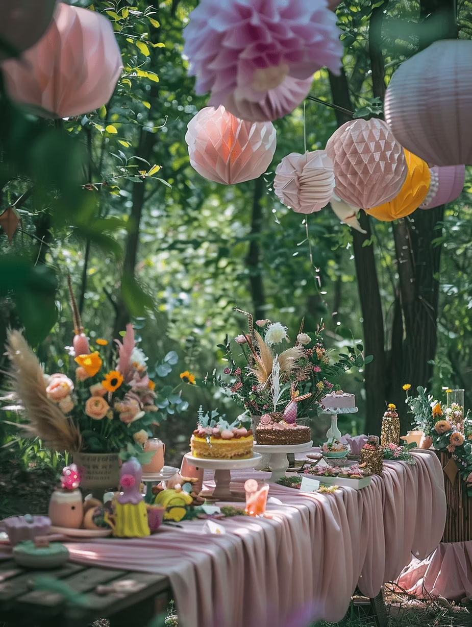 Outdoor party table with pink cloth, cakes, and floral arrangements in a lush forest. Pink and yellow paper lanterns hang above. Festive mood.