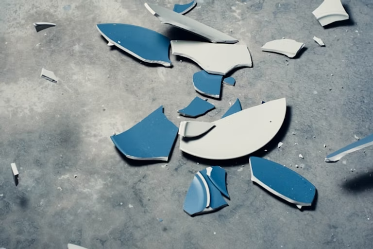 Broken blue and white ceramic pieces scattered on a gray concrete floor, creating a sense of accidental destruction.