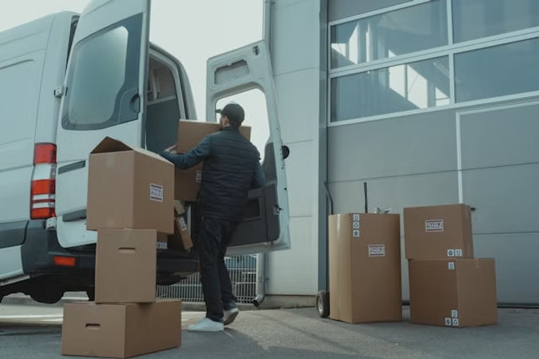 A man carrying cardboard boxes into the back of a van