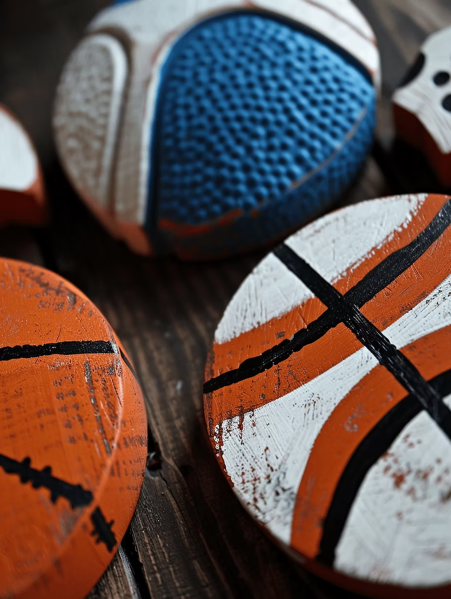 Close-up of painted wooden discs resembling sports balls on a wooden surface. Features orange, blue, and white colors with black lines.