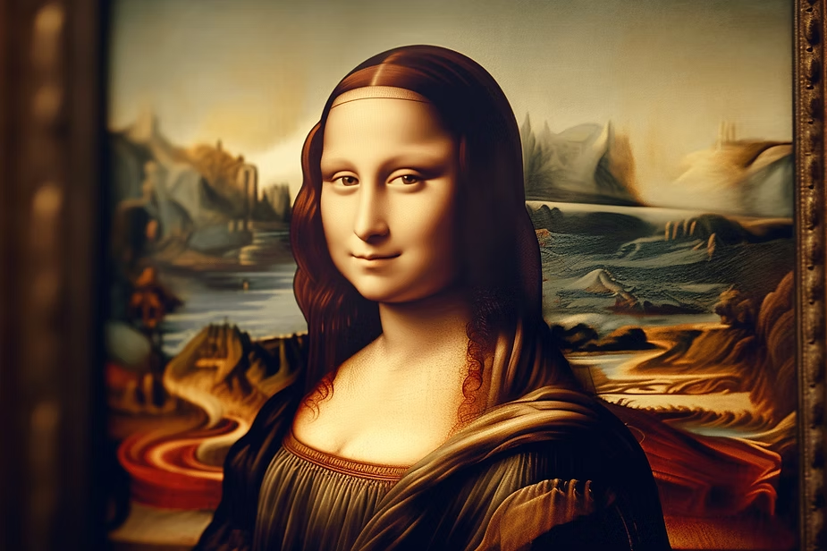 A woman with a serene smile sits against a landscape background. She's wearing a dark dress with a veil. The mood is calm and mysterious.