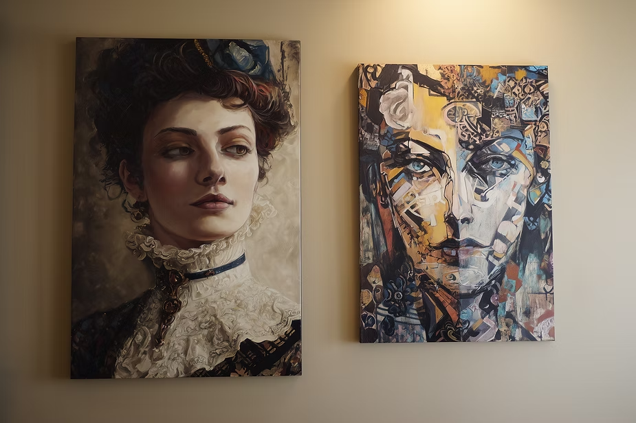 Two portraits: Left, a woman in vintage attire gazing right; Right, abstract face with bold, colorful patterns. Beige wall background.