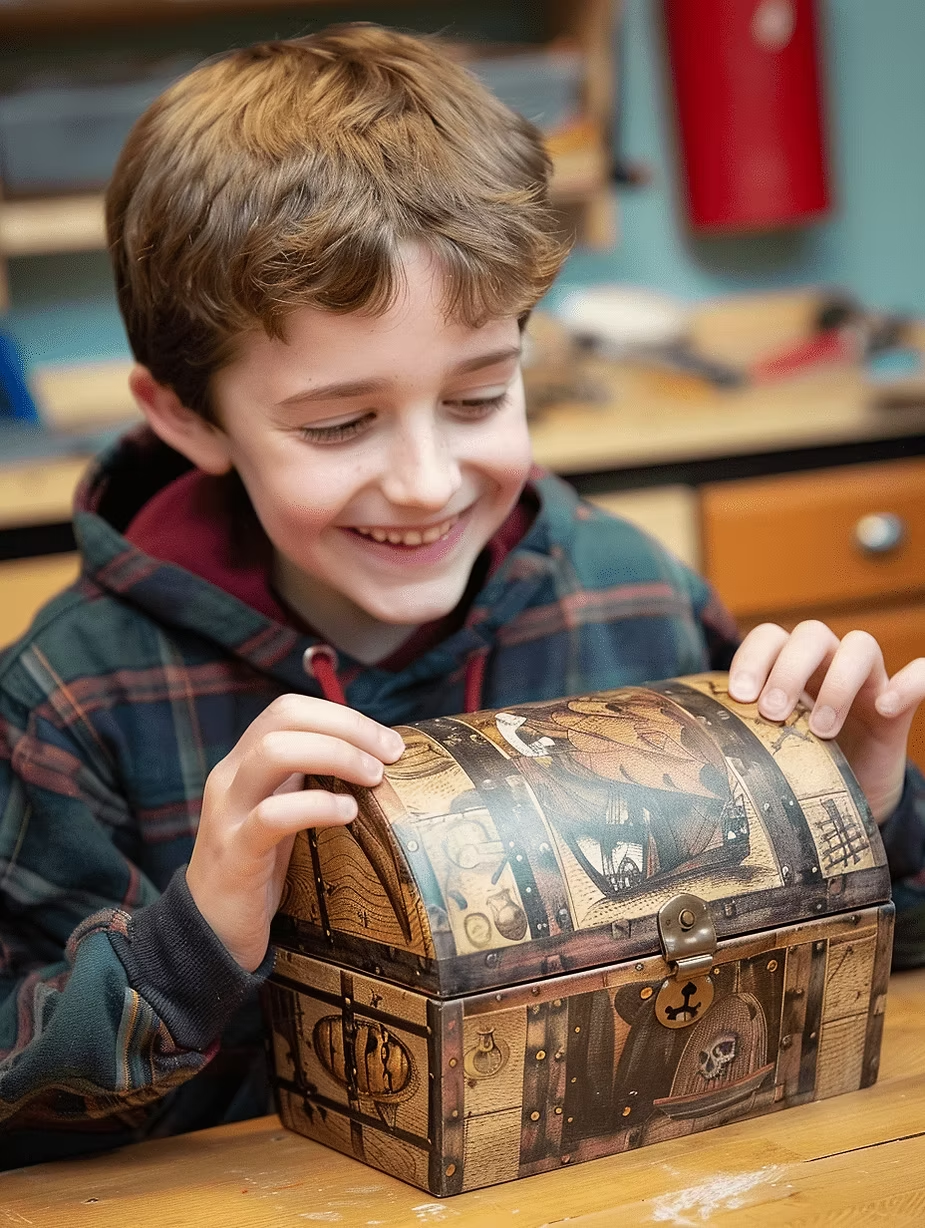 Smiling child in a plaid hoodie opens a decorative wooden chest with pirate imagery, in a cozy room. Warm colors create a joyful mood.