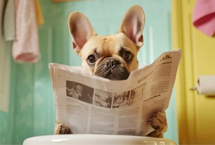 Hond met maag-en darmproblemen leest de krant op het toilet