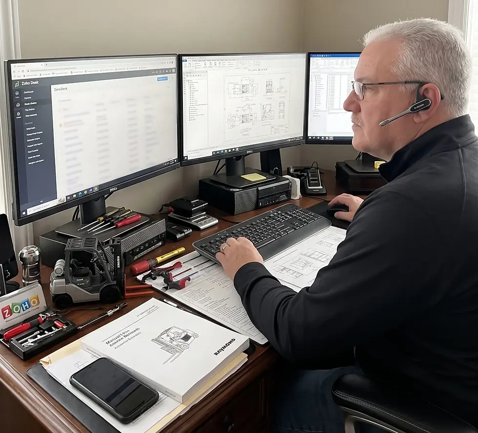 Mike Brace, the forklift and MHE technician technical support expert sits at a desk with a bluetooth headset on, looking at 3 large computer monitors logging support call tickets in ZOHO Desk and reviewing schematics and documentation while providing remote support to an on-site technician working on a broken down forklift.