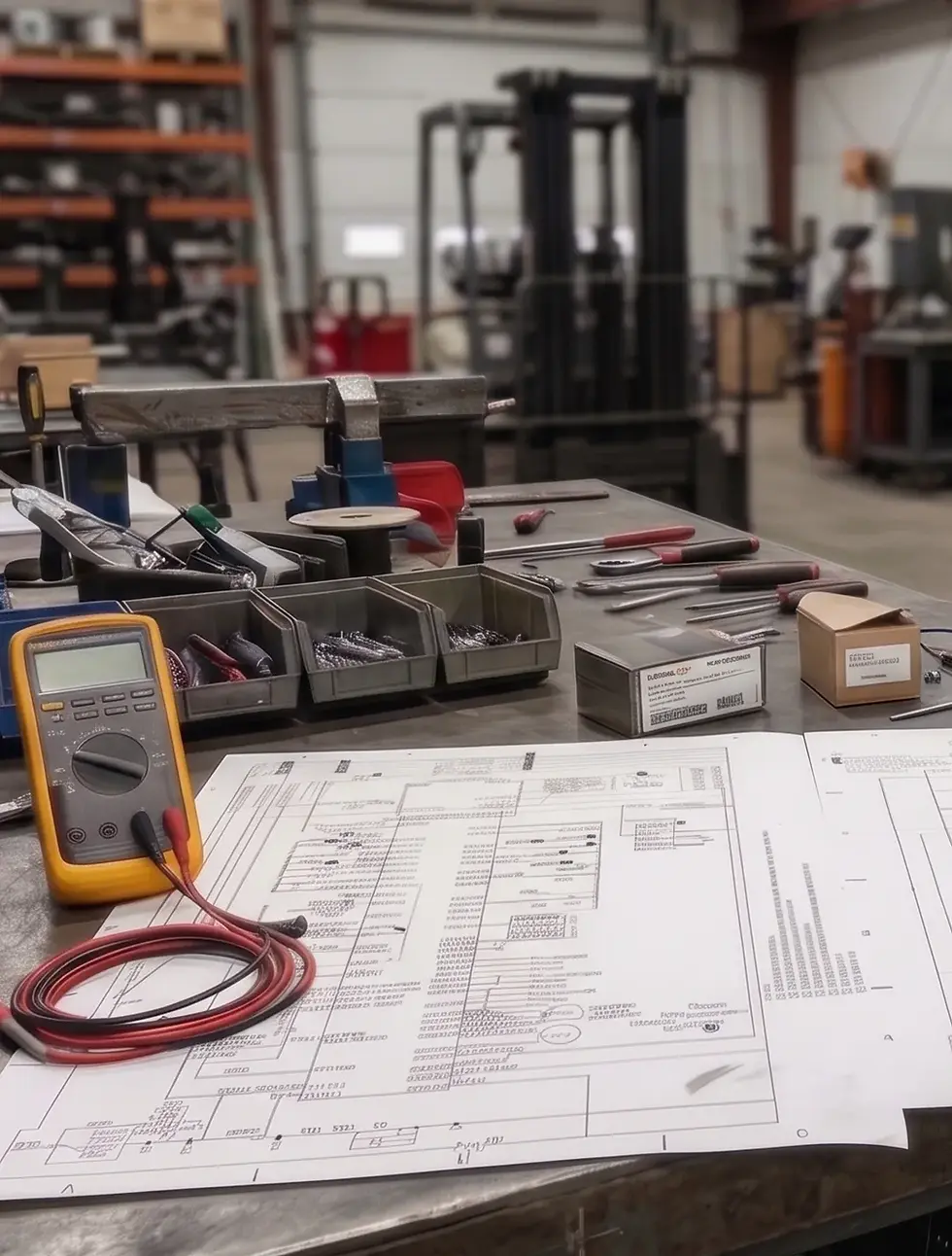 A close up picture of a forklift repair shop with various forklifts barely visible, blurred out in the background. The main focus is on a work bench with an electrical schematic on it and a digital volt-ohm meter and leads resting on the schematic. There are various tools strewing on the bench just beyond the schematic.