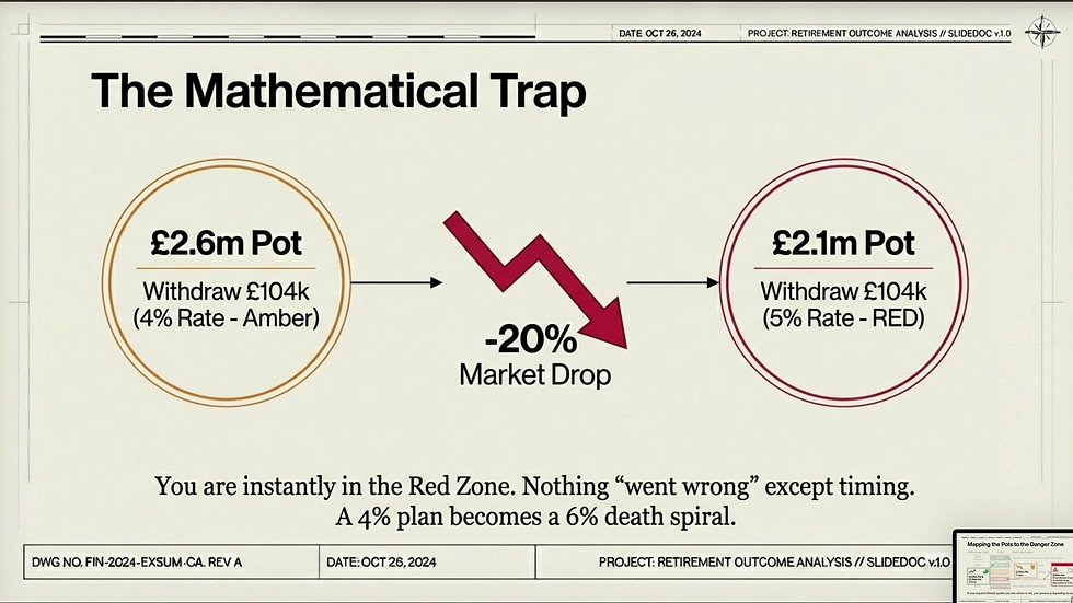 Retirement mathematical trap showing how market declines can instantly push a pension into the danger zone.