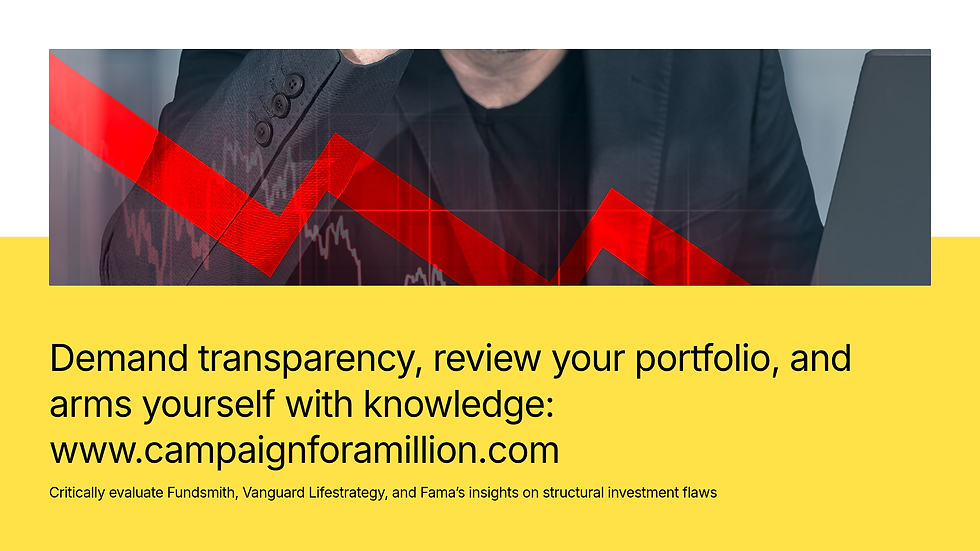 A man in a suit with a declining red graph overlay, set against a blurred grey background. Text: Demand transparency, review your portfolio, visit www.campaignforamillion.com.