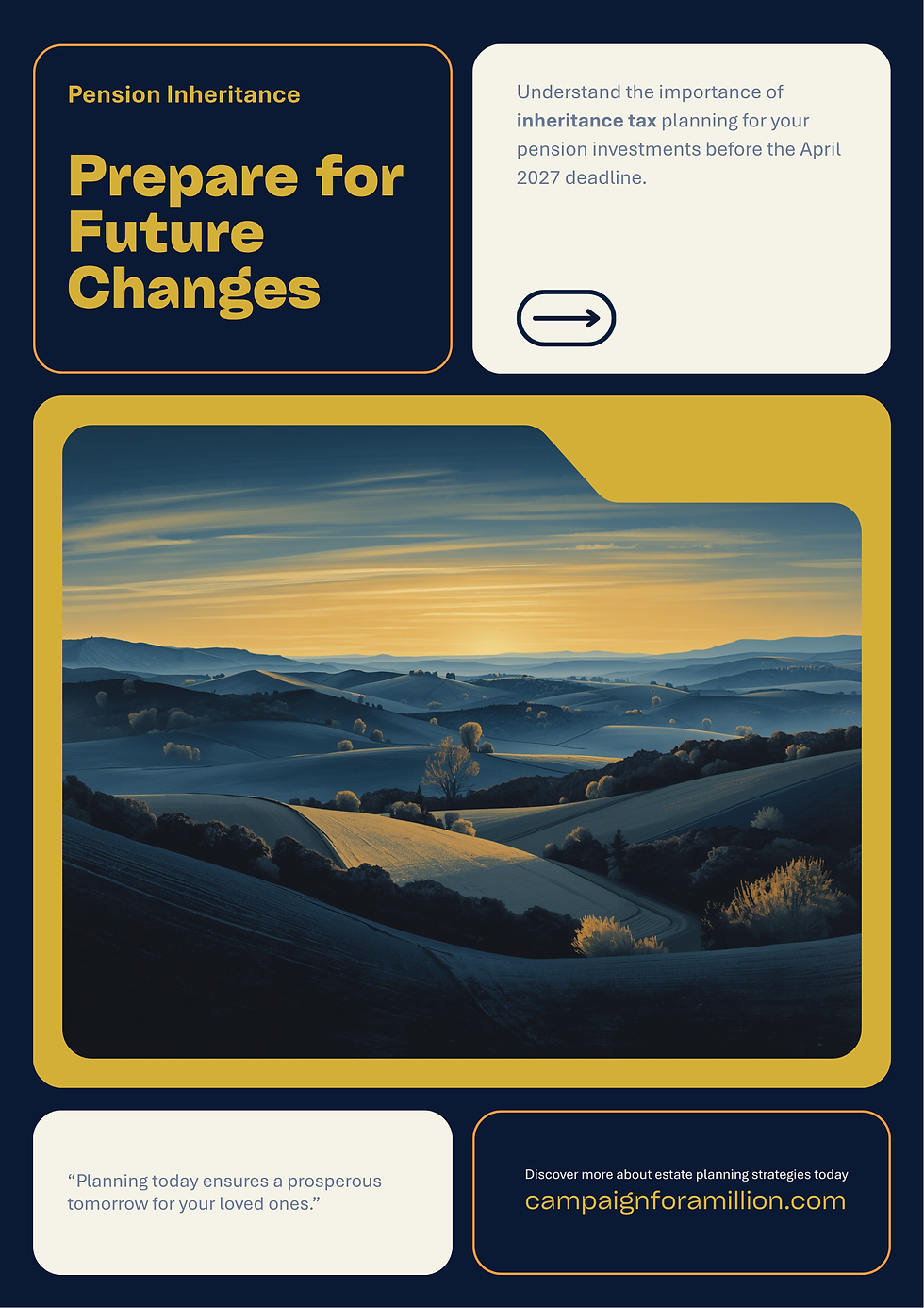 Blue hills at sunset with "Prepare for Future Changes" text. Emphasizes inheritance tax planning by April 2027. Includes URL campaignforamillion.com.