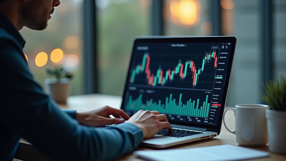 Eye-level view of a person using a laptop with financial charts on screen
