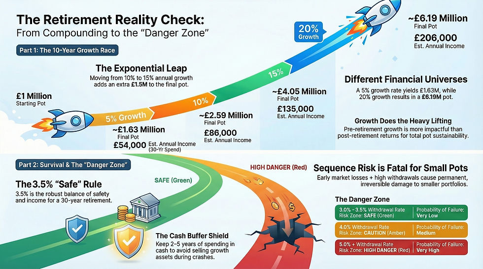 Retirement compounding and sequence risk showing how growth rates and withdrawal danger zones impact retirement outcomes