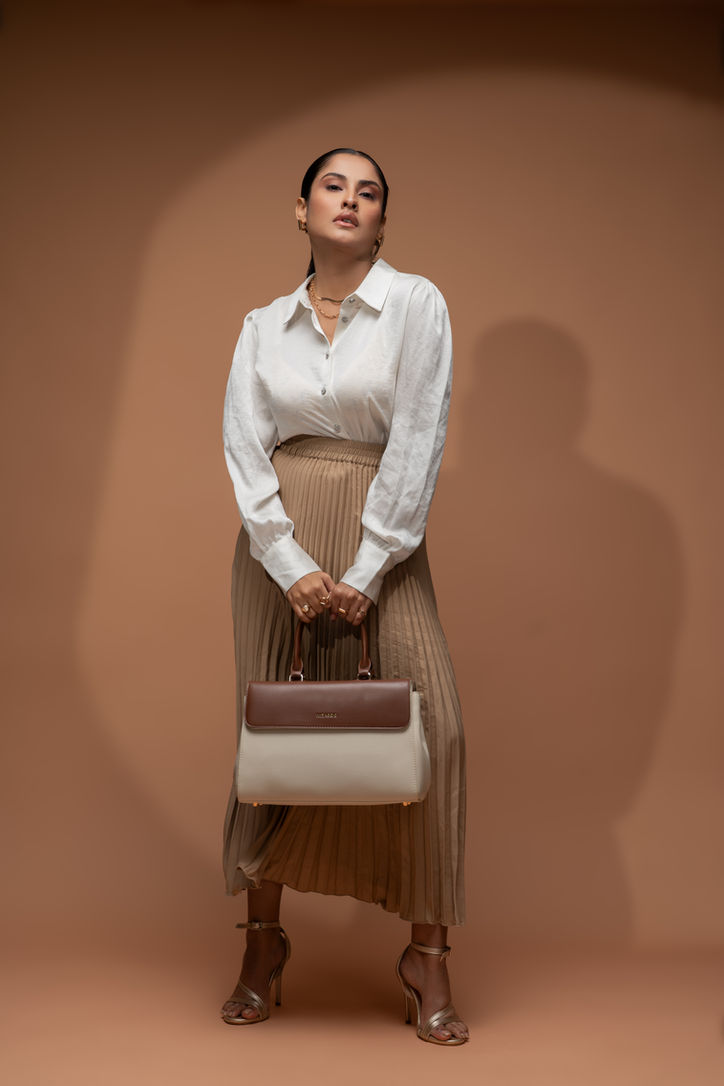 Front-view e-commerce lookbook shot of the outfit, showing fabric drape and professional fit.
