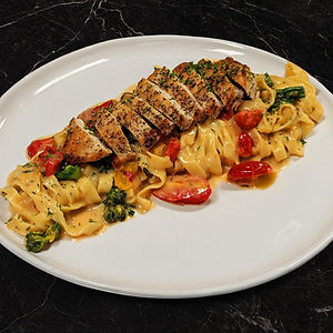 Creamy Garlic Scampi Fettucine, with Sauteed Vegetables with Chicken Breast