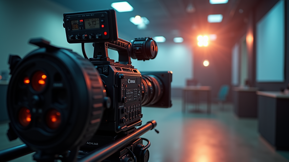 Eye-level view of a professional video camera setup in a studio