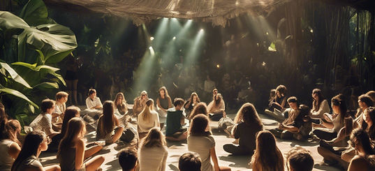 mediative class in a jungle with a sunlight and more students on a big luxury stage.jpg