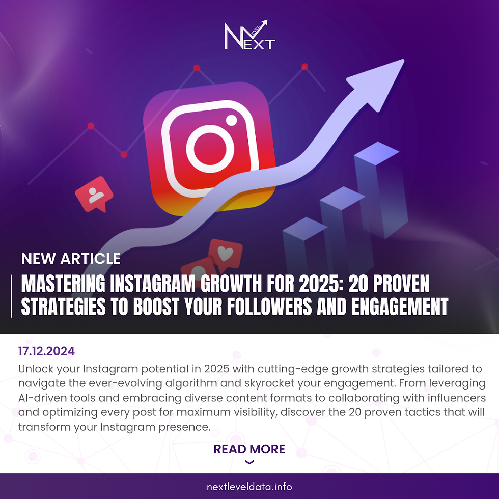NEXT LEVEL DATA graphic about 20 game-changing strategies to boost your followers and skyrocket your engagement in Instagram.