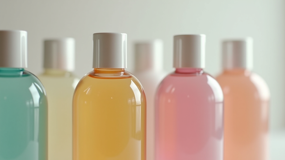 Eye-level view of shampoo bottles with different colors arranged neatly