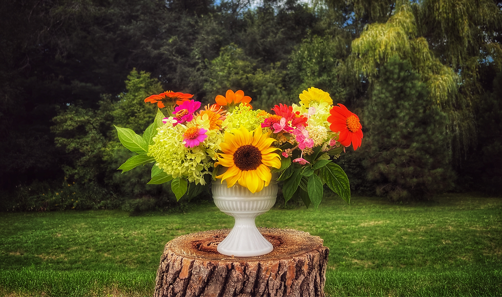 Bright arrangement featuring sunflowers, hydrangeas and other locally grown blooms
