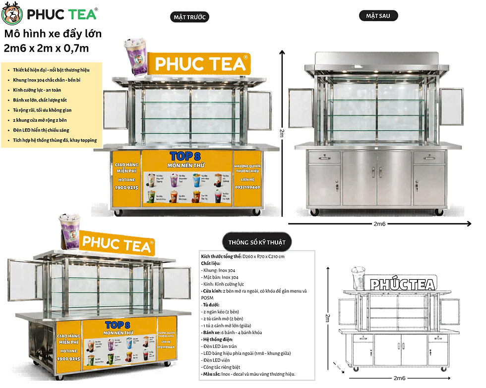 Mô hình xe đẩy nhượng quyền Phúc Tea 2m6 nhiều công năng phiên bản 2026 - thông số kỹ thuật chi tiết