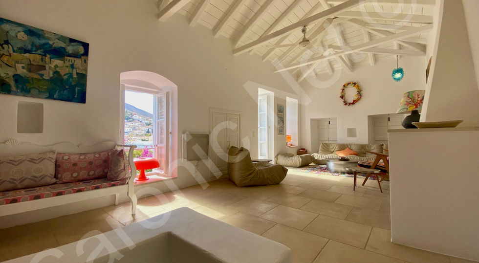 bright virani style first floor living area with high rafters and multiple windows