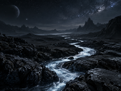 A narrow silver-blue current winds through dark stone beneath a quiet cosmic sky.