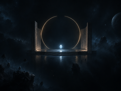 A small open chamber of dark stone floats in an indigo cosmic space, holding a single dim blue-white seed of light inside a thin amber circle.
