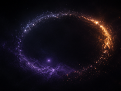 A small point of light rests within the quiet violet phase of a five-part cosmic orbit, while brighter and fading arcs continue around it in a vast dark space.