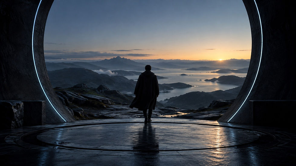 A solitary figure leaving a dark circular chamber and walking toward a quiet horizon at first light.