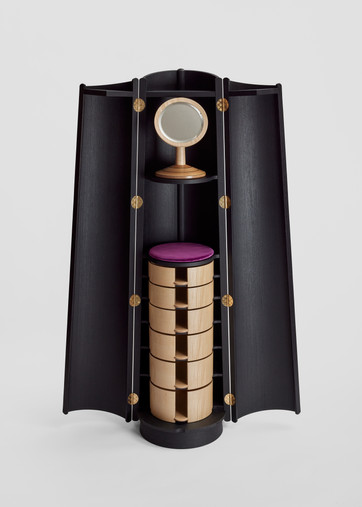 Bespoke 'Obelisk' shaped cabinet by John Makepeace OBE. Doors open displaying mirror, drawers and velvet lining.
