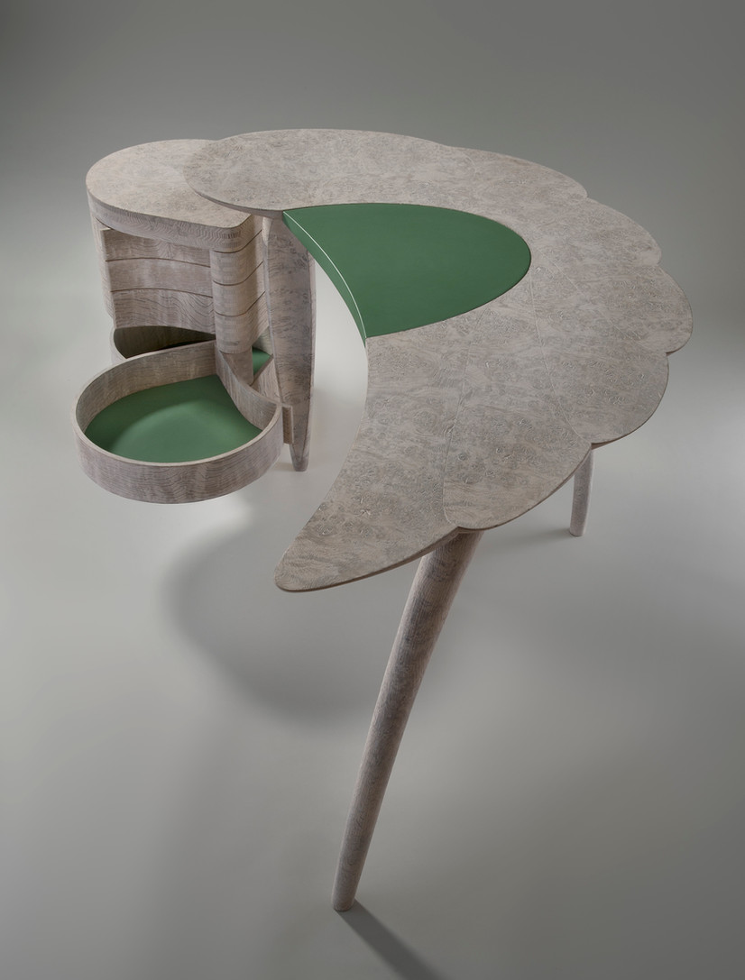 'Chatsworth' desk in washed oak, burr oak and leather linings by furniture designer and maker, John Makepeace OBE