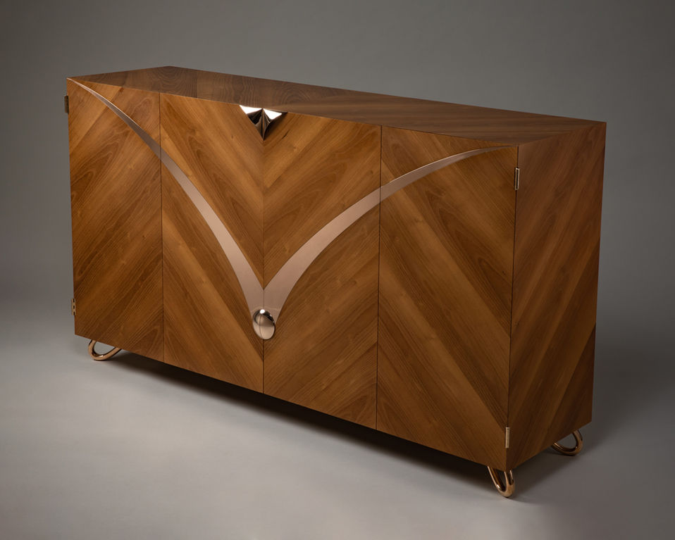 'Flight' Shoe Cabinet in Mulberry, with handles in cast bronze by furniture designer and maker, John Makepeace OBE
