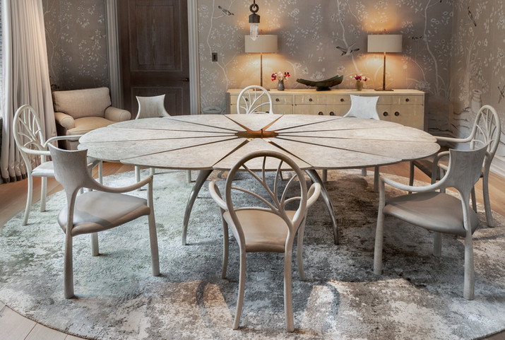 'Star' dining table & chairs in oak, burr oak, nickel, bronze and leather by furniture designer and maker, John Makepeace OBE