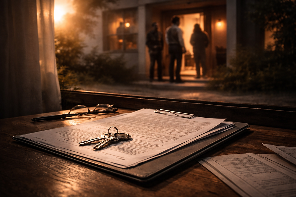 contrato sobre a mesa com chaves do imóvel e pessoas conversando ao fundo