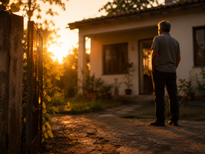 Homem pensativo ao fundo uma casa