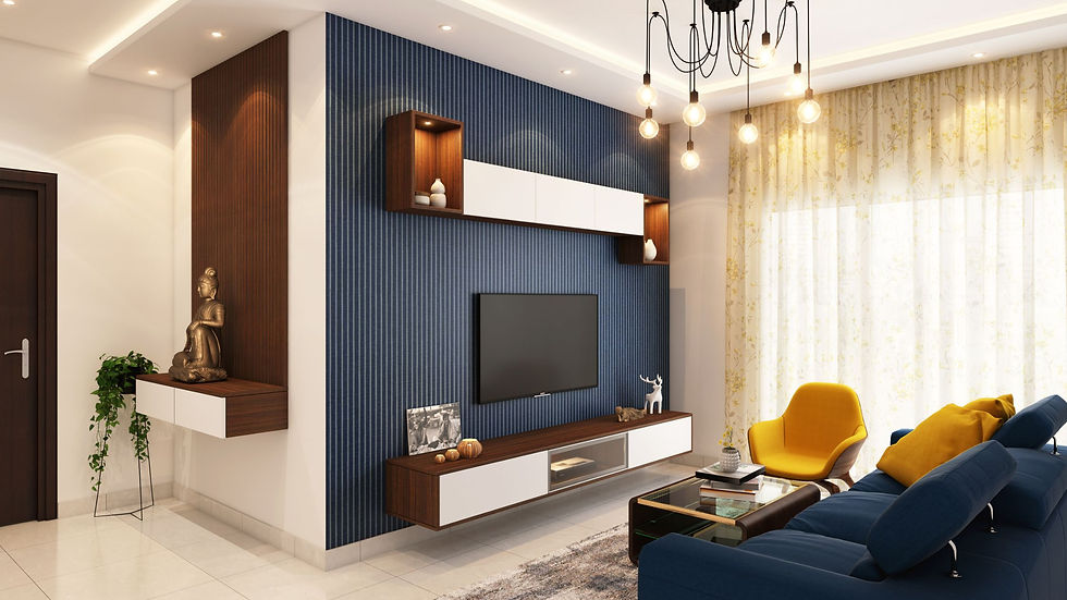 Blue and yellow living room.