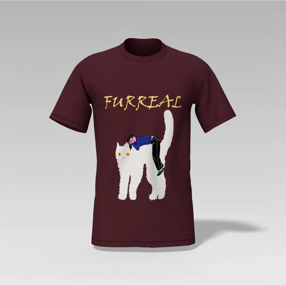 Maroon 'FURREAL' cat t-shirt hero shot